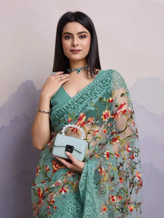 Green Floral Embroidered Net Saree