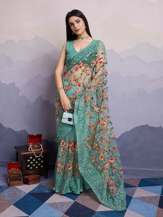 Green Floral Embroidered Net Saree