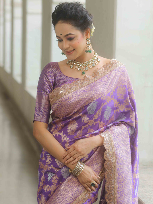 Purple Banarasi Katan Silk Saree with a lace design