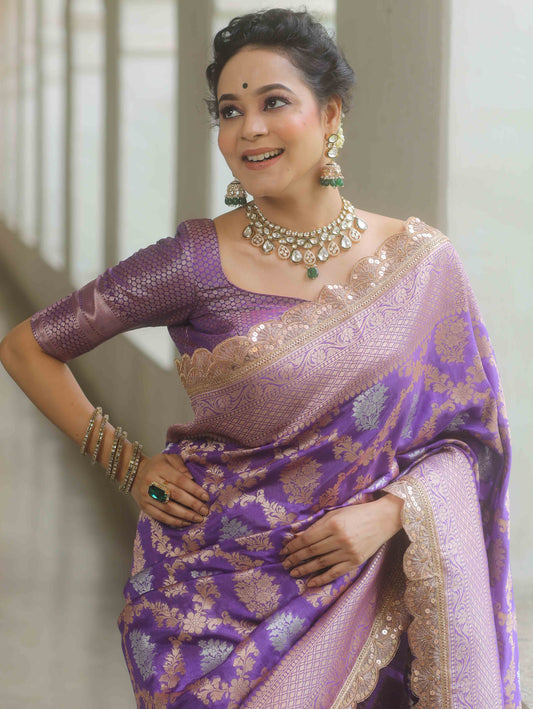 Purple Banarasi Katan Silk Saree with a lace design