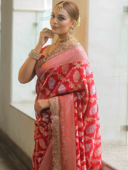 Red Banarasi Katan Silk Saree with a lace design