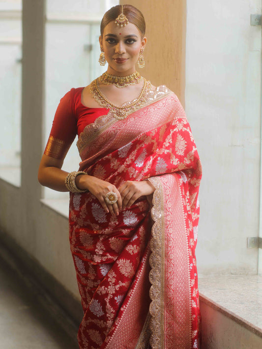 Red Banarasi Katan Silk Saree with a lace design