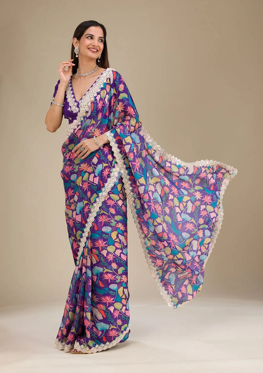 Purple Floral Printed Saree with Embroidered Detailing