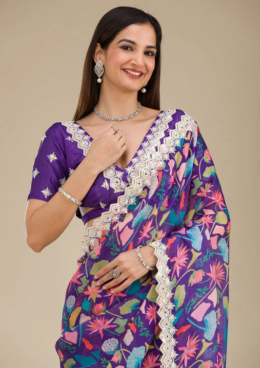 Purple Floral Printed Saree with Embroidered Detailing