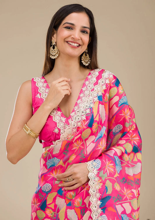 Pink Floral Printed Saree with Embroidered Detailing