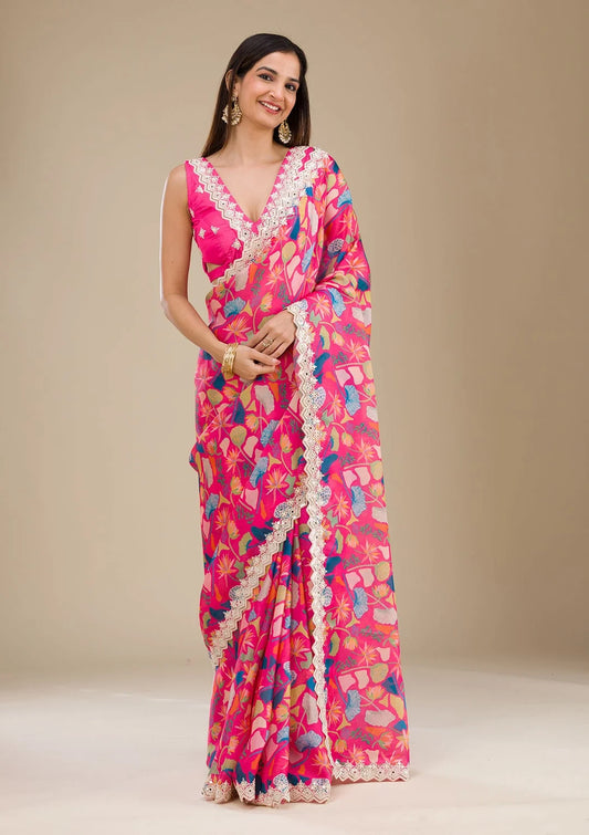 Pink Floral Printed Saree with Embroidered Detailing