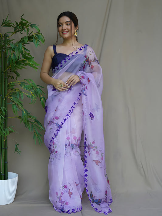 Soft Purple Organza Saree with Printed Patterns