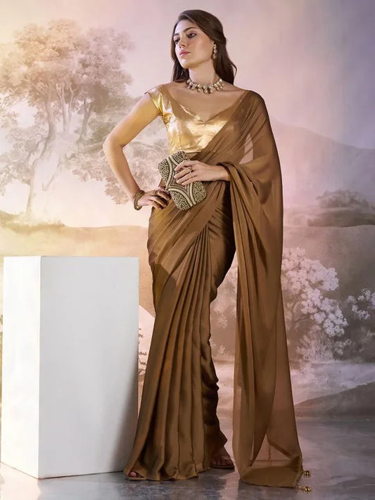 Elegant Brown Satin Silk Party Wear Saree