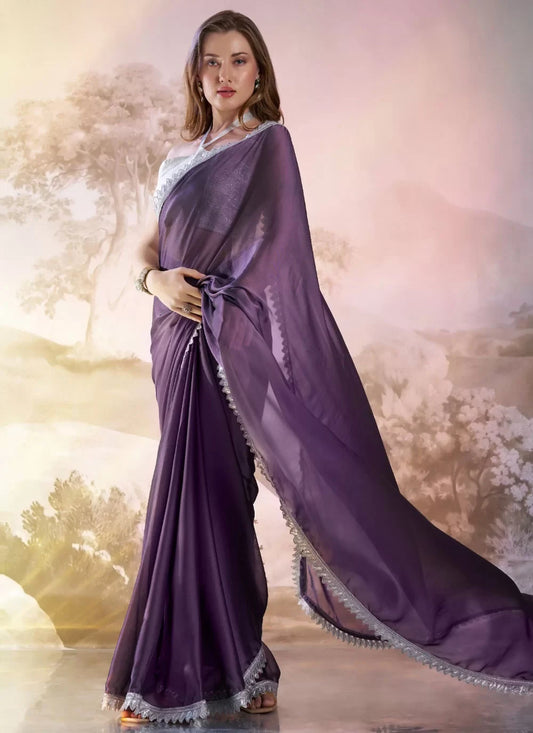 Stylish Purple Satin Silk Party Saree