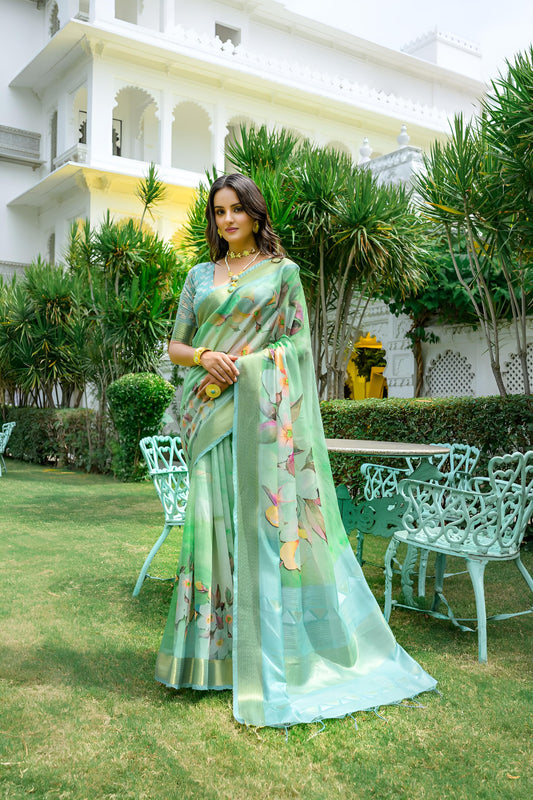 Green Floral Printed Silk Cotton Saree