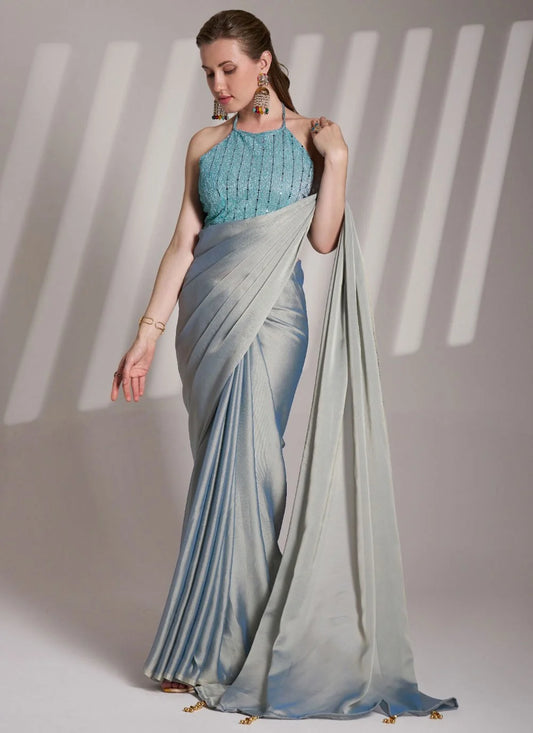 Stylish Silver Gray Satin Silk Party Saree